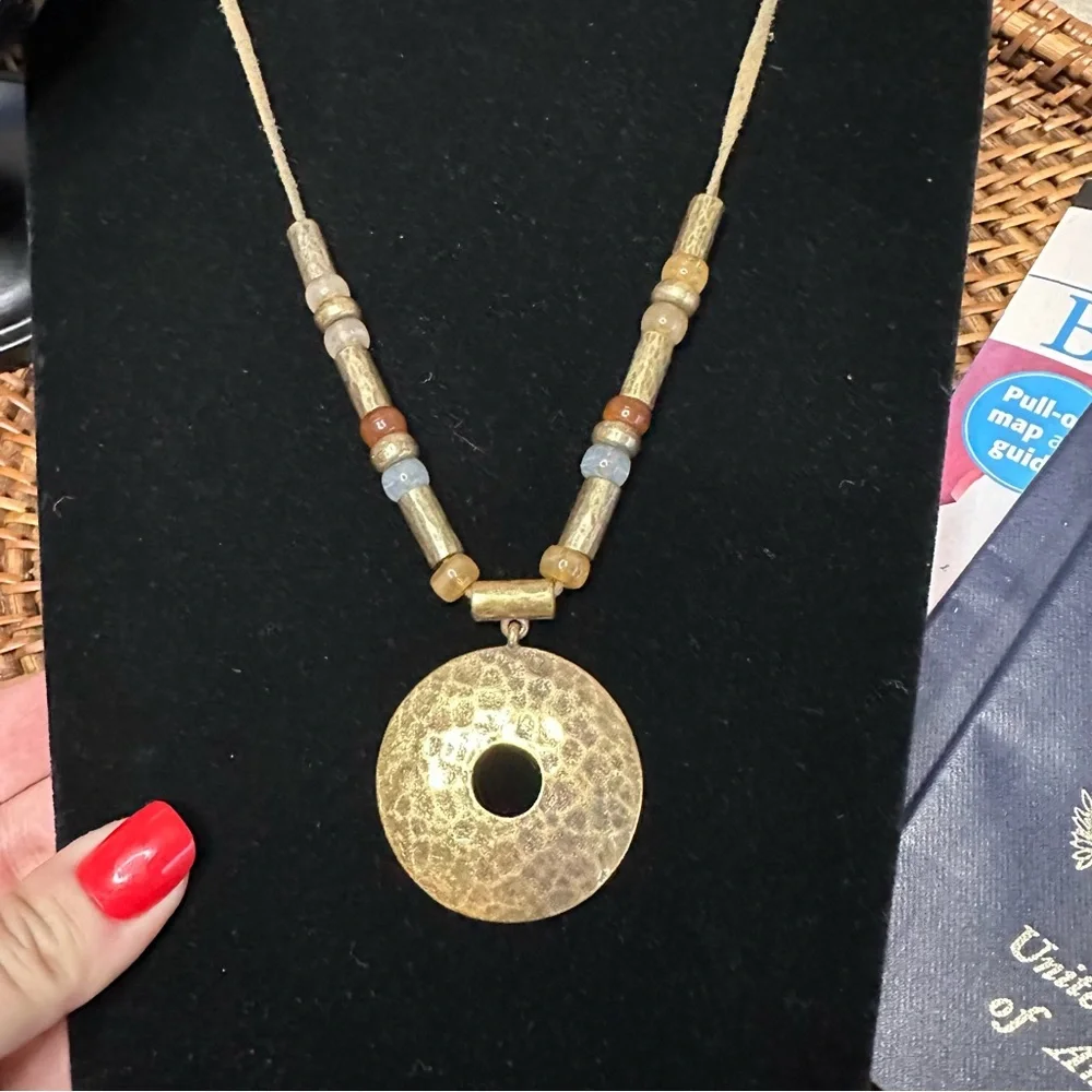 Boho Beaded Round Hammered Medallion Leather Necklace